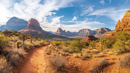 southwestern desert panorama expansive red rock valley with winding dirt path leading to towering sandstone buttes dotted with cacti and scrub brush