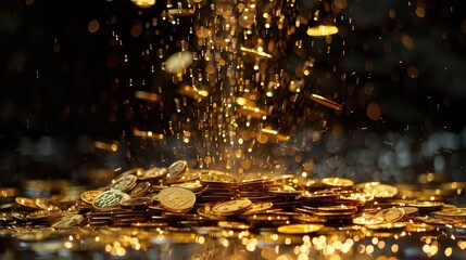 spectacular fountain of golden coins erupting slowmotion effect dark backdrop luxury and wealth concept