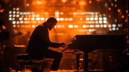 The image shows a man playing the piano in a vibrant, warmly lit room, conveying a sense of deep emotion and artistic expression through music.