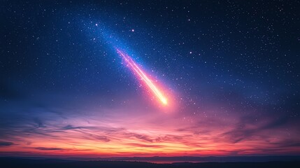 A stunning view of a comet streaking across a starry sky at sunset, creating a magical blend of colors in the horizon.