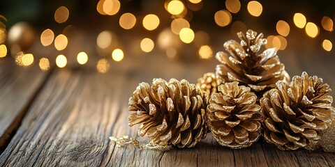 Poster - golden pine cones Christmas decoration on old wood table background. copy space available 