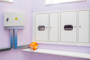 Poster - electrical equipment. steel cabinets with power communications. electrical panels on wall. power equ