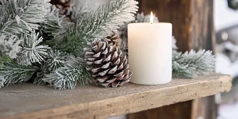 Canvas Print - A white candle and pine cones are displayed on a wooden shelf with frosted greenery 