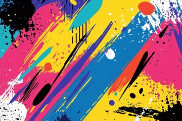Poster - Dynamic pop art splashes of bright colors in a background. Composition showcasing modern geometric designs influenced by retro memphis aesthetics of the 1980s and 1990s