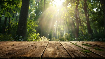 Poster - A wooden table with a view of a forest