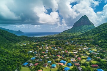 Stunning bird's eye perspective of colorful soufriиre, saint lucia highlighting famous petit piton peak and picturesque tourist scenery