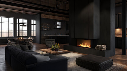 Wall Mural - Modern Loft Living with a Cozy Fireplace - Perfect for Relaxing Evenings