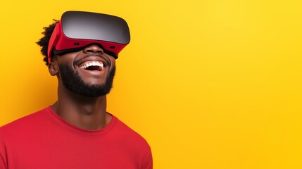 A man wearing a red shirt is wearing a virtual reality headset and smiling. Concept of excitement and enjoyment as the man experiences the virtual world