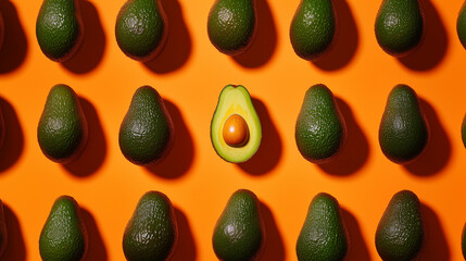 Avocados on orange background pattern