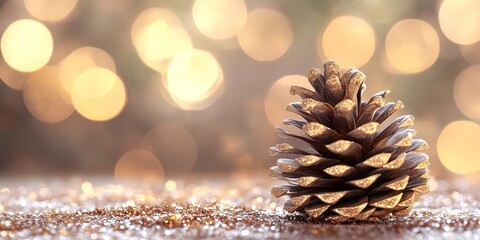 Poster - Christmas tree decoration with golden pine cone on bokeh background