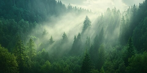 sunlight beams through the mist in an enchanting view of a lush green pine forest