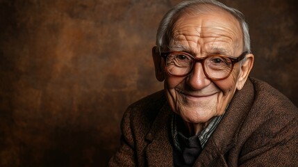 An old man with glasses is smiling and looking at the camera. He is wearing a brown coat and scarf