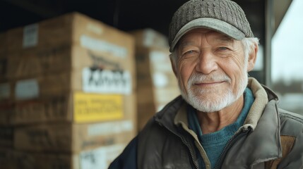 A man with a gray beard and a hat is smiling. He is standing in front of a stack of boxes