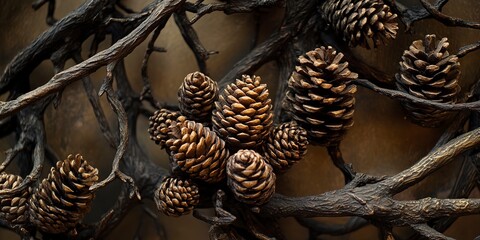 Canvas Print - Close-up of a wooden sculpture with pine cones and branches