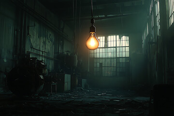 Wall Mural - A dimly lit industrial space with a single glowing light bulb, evoking a mysterious atmosphere.