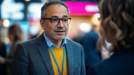 Poster - A man in a suit and glasses is talking to a woman. The man is wearing a yellow sweater and a blue shirt