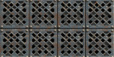 Seamless steel floor plate background texture. Tileable industrial rusted scratched metal grate or grille bulkhead panel pattern. 8K high resolution silver grey rough metallic iron 3D rendering..