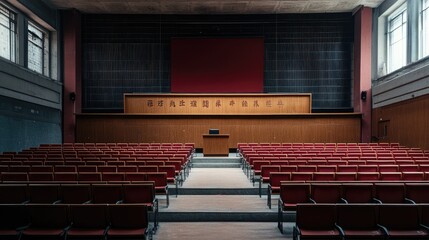 Poster - An empty Chinese university lecture hall, with no students or professors, just the silent, empty seats and podium.
