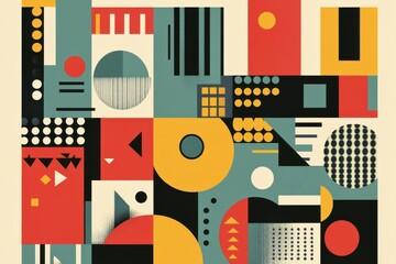 Poster - Geometric illustration background showcasing scandinavian abstract hues and swiss forms, including rectangles, squares, and circular designs