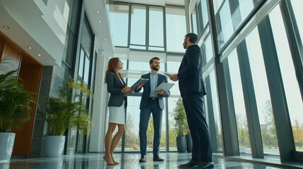 Poster - business professionals discussing plans in a modern office lobby filled with natural light during th