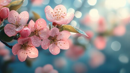 Wall Mural - Close-up of delicate pink cherry blossoms with water droplets on petals, against a soft blue background.