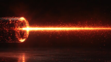 A bright orange light beam shoots out of a glowing circular portal on a black background, with a reflecting surface.