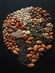 Assorted Nuts and Seeds on Black Background