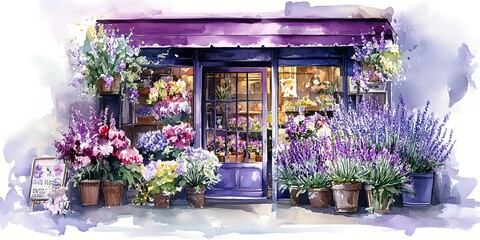 Canvas Print - Flower shop and Lavender flowers. Flower store in Paris, France, Europe. Showcase and Facade of the flower store. Cute Watercolor Illustration