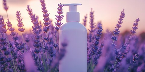 Wall Mural - a bottle of calming lavender lotion with a serene purple color scheme, showcasing its relaxing properties and gentle formulation without visible branding