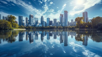 Poster - A city skyline is reflected in a body of water