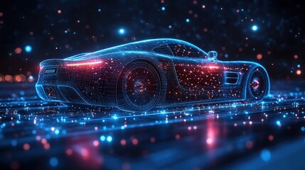 A futuristic sports car is depicted as a wireframe with blue and red lights in a dark background.