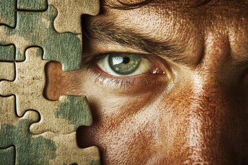 Poster - Neural connection power of thought Close up of an intense male eye surrounded by puzzle pieces symbolizing the search for identity the complexity of perception and the intensity of thought