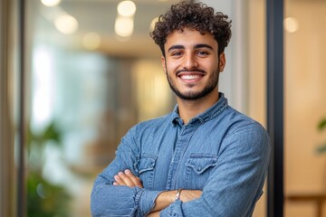 a young Arab man in his office, standing with his arms crossed and grinning confidently.