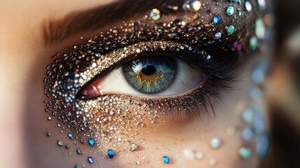 Close-up of a beautifully adorned eye with sparkly rhinestones, showcasing creative makeup artistry and attention to detail