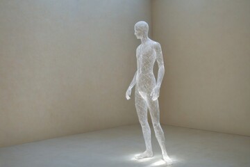 3D rendering human figure made white wire mesh A white sculpture