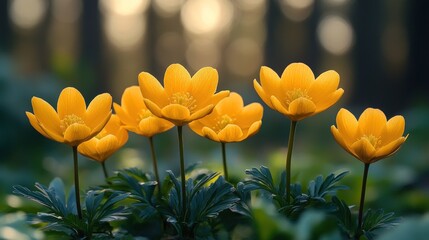 Wall Mural - Five yellow flowers in a row with green leaves and a blurred background of trees.