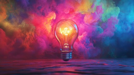Fototapete - Creative display with a glowing light bulb at the center, surrounded by an explosion of colors, representing the spark of inspiration
