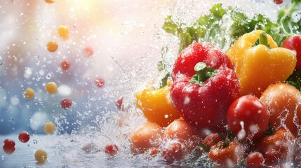 Sticker - Fresh vegetables and fruits highlighted by water splashes on a wide background, ideal for promoting healthy eating and freshness