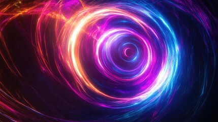 Poster - Abstract swirl of luminous neon lights creating a circular glow effect, with radiant flares and energy elements that suggest a powerful sci-fi scene or magic event