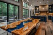 © Sunshine - Large wooden table with a centerpiece made of blue epoxy resin in a large modern kitchen