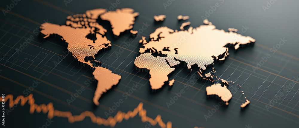 Stylized world map design, metallic texture highlights geography ...