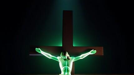 holy glowing neon crucifix christ isolated dark background symbolizing faith prayer light shining darkness