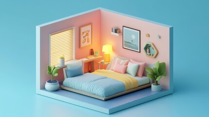Poster - cutaway box with soft smooth lighting and pastel colors well decorated interior