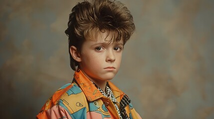 Canvas Print - fashion portrait of a young boy with a distinctive mullet haircut wearing a funny and eccentric outfit