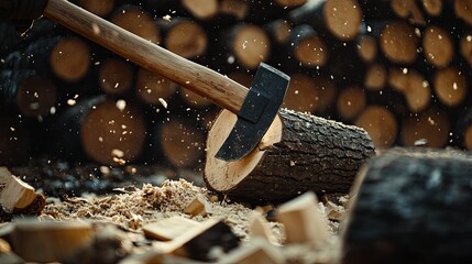 Close-up of an axe embedded in a chopped log, surrounded by stacks of firewood, with sawdust and wood chips scattered on the ground, showing a moment of hard work