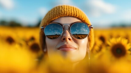 A vibrant sunflower field bathed in sunlight, with a person wearing a yellow beanie and glasses, blending harmoniously into the sea of sunflowers, creating a cheerful scene.