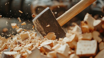 Close-up of firewood being chopped with an axe, with wood chips flying and a pile of freshly split logs on the ground, capturing a moment of rustic labor