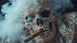 ©  Jovaduplex - A visually striking image of a skull covered in a glittering gold shirt and smoking a cigar, surrounded by clouds of smoke, creating a dramatic contrast.