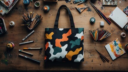 A stylish tote bag adorned with a bold abstract pattern sits on a wooden desk surrounded by various art supplies, reflecting creativity and artistic expression in a studio environment.