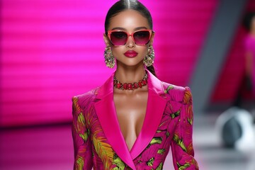 Viva Magenta fashion runway with bold statement pieces, captured in a photo where models strut down the runway in vibrant magenta clothing, with dramatic lighting highlighting the richness of